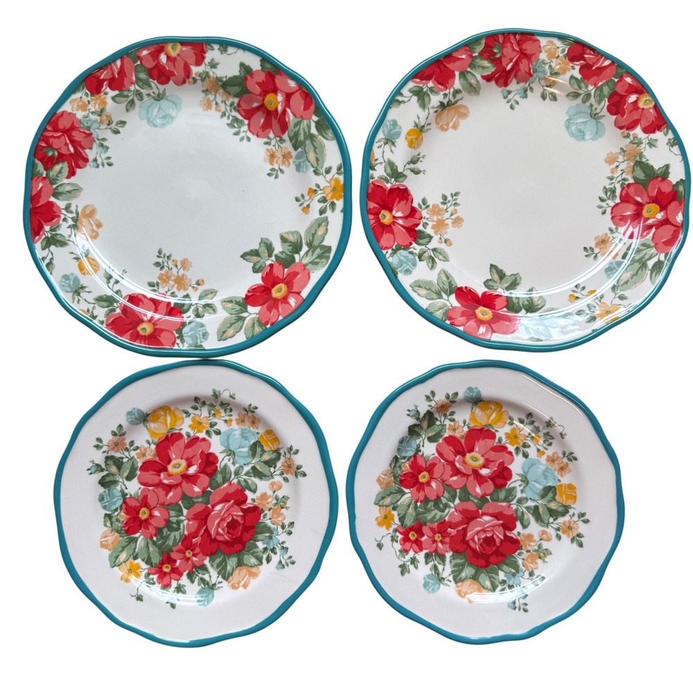 Pioneer Woman Vintage Floral 4 Piece Plate Set 2 Dinner 2 Salad Stoneware Teal
